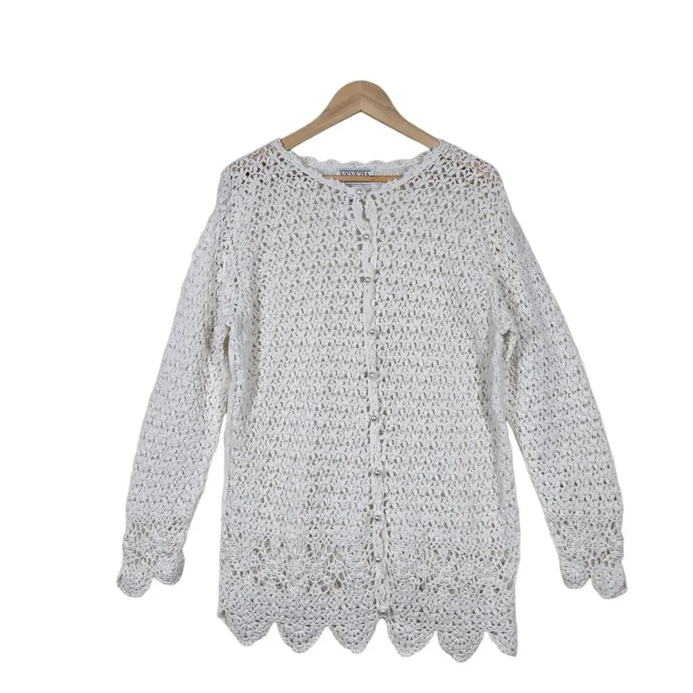 VTG Venezia Crochet Cardigan Sweater 14/16 Ivory Pearls Grandmacore Cottagecore